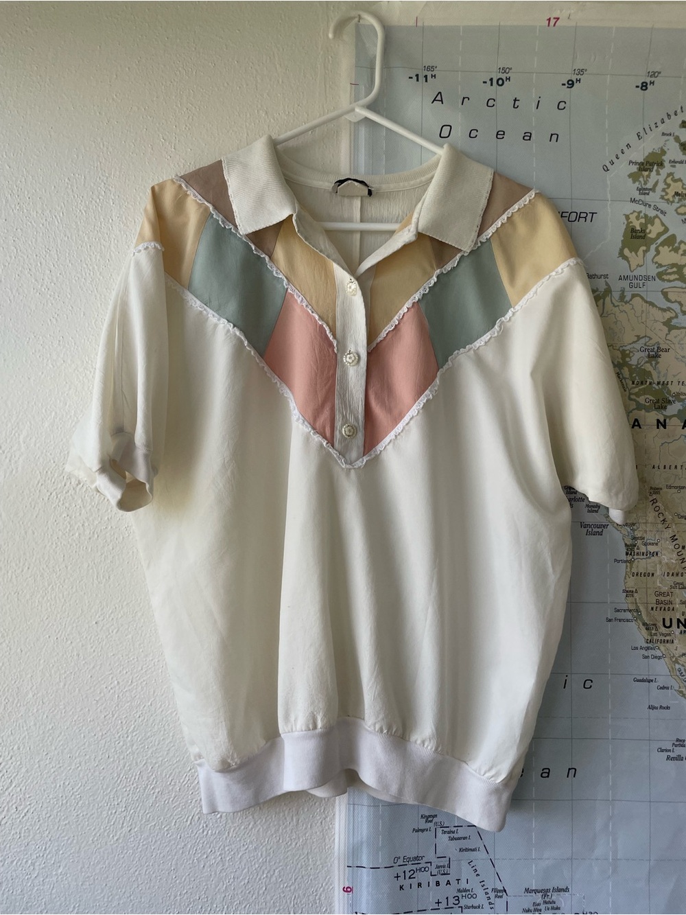 Vintage Cream & pink collared blouse with pastel color blocking and lace trim
